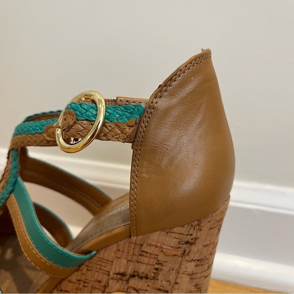 BCBGeneration Sanford Teal & Cognac Cork Platform Open Toe Sandals Size 6.5B - Picture 15 of 16